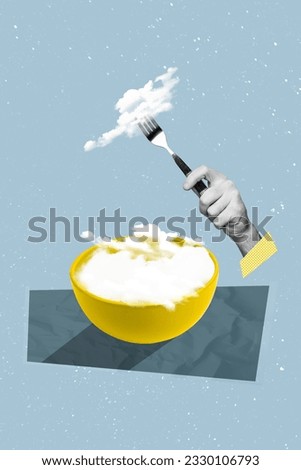 Abstract creative artwork template collage of rm eating clouds plate fork isolated painting blue color background