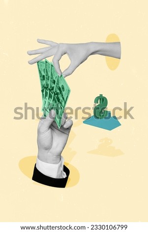 Photo collage artwork minimal picture of arms sharing money cash isolated beige color background