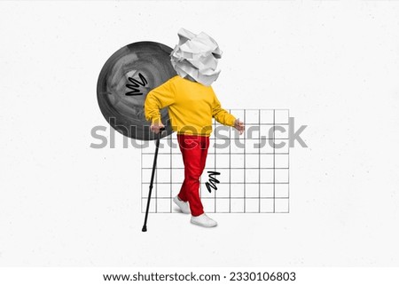 Composite collage headless paper trash pensioner anonymous walk with cane feel pain caused by age isolated on white plaid background