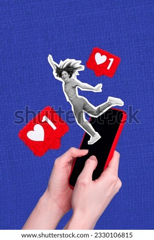 Collage graphics of carefree lady getting instagram twitter telegram facebook likes isolated blue color background