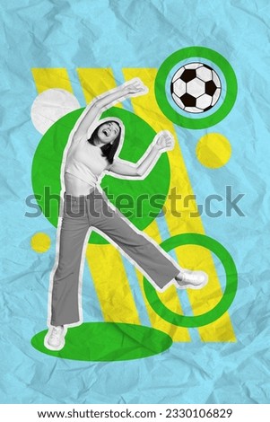 Bright picture poster image collage artwork of positive joyful girl catch ball training football game isolated on drawing background