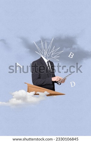 Vertical picture collage of headless absurd confusion complicated businessman wear formal clothes use tablet isolated on grey background