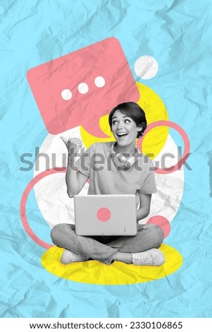 Picture artwork image collage of excited positive lovely girl sit hand show recommend device shop isolated on blue drawing background Royalty-Free Stock Photo #2330106865