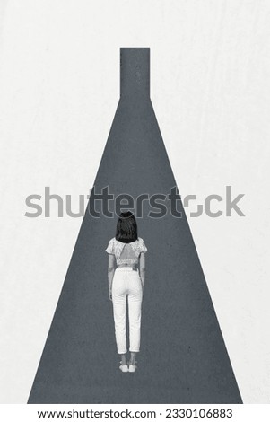 Collage artwork minimal picture of thoughtful lady standing looking one way path isolated white color background