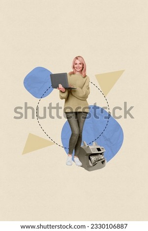 Vertical collage picture of positive aged lady hold wireless netbook cash machine print dollar bills money isolated on creative background