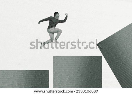 Photo collage artwork minimal picture of purposeful excited guy running achieving success isolated graphical background
