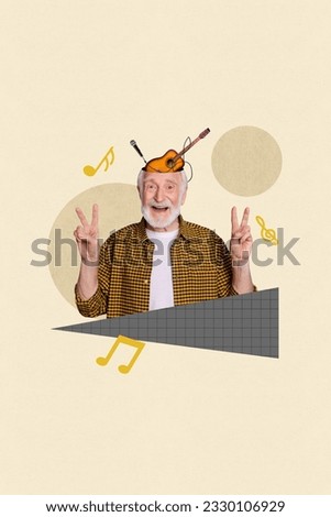 Vertical collage picture of cheerful grandfather demonstrate v-sign acoustic guitar microphone inside head melody notes isolated on beige background