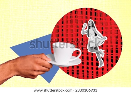 Collage picture of arm hold coffee cup plate mini black white colors girl dancing isolated on drawing yellow background
