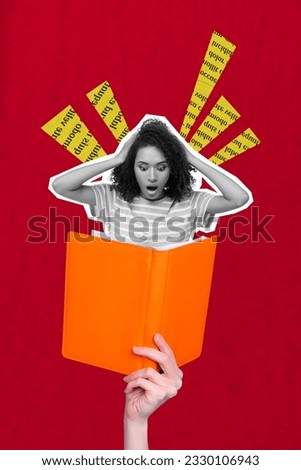 Collage 3d pinup pop retro sketch image of impressed lady reading interesting book isolated red color background