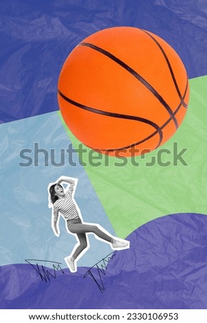 Vertical collage image of overjoyed mini black white effect girl jumping look huge basketball isolated on drawing paper background
