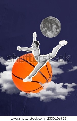 Vertical collage picture of black white effect mini girl jumping clouds sky full moon big basketball isolated on creative background