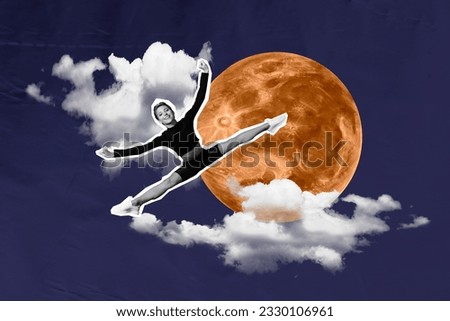 Collage picture of excited mini black white gamma girl jumping flying stretching legs full moon clouds sky