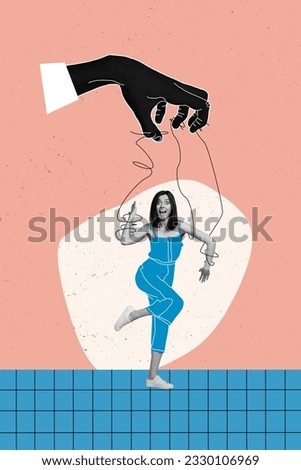 Vertical collage image of drawing arm fingers hold tied strings mini black white effect astonished dancing girl isolated on painted background Royalty-Free Stock Photo #2330106969