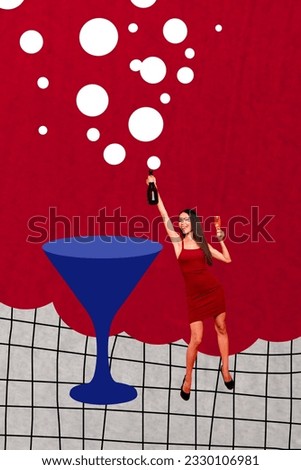 Vertical collage picture of mini excited girl hold champagne bottle huge cocktail glass isolated on drawing red background