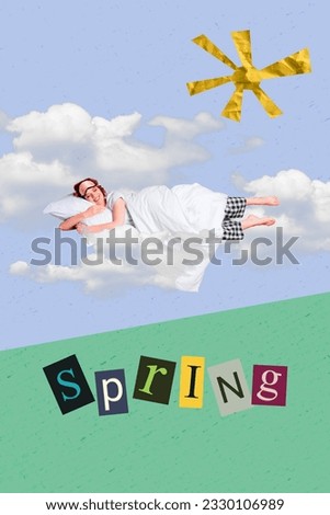Photo comics sketch collage picture of dreamy lady sleeping clouds enjoying march weather isolated creative background