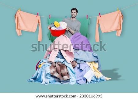Poster banner creative collage of exhausted young guy with dirty clothes arounf feel fatigue cleaning washing chores
