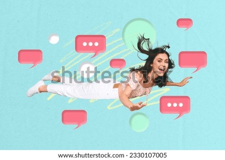 Unusual creative collage banner of millennial lady appear in virtual reality by using chatting application high tech concept