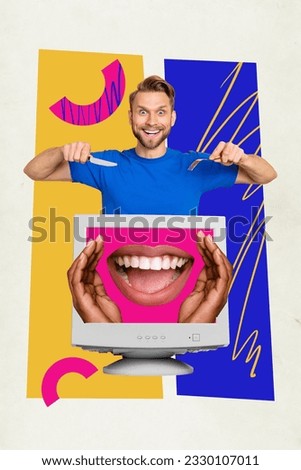 Creative artwork magazine template collage of crazy interested young guy excited listen eat false message from internet website