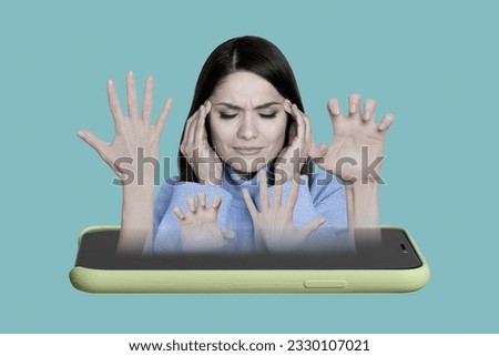 Magazine template collage of exhausted mature lady social media app user tired false web information fading hands attack Royalty-Free Stock Photo #2330107021