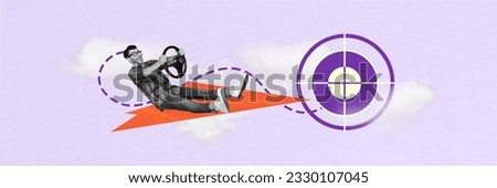 Magazine picture sketch collage image of funny guy riding car finish aim isolated purple color background