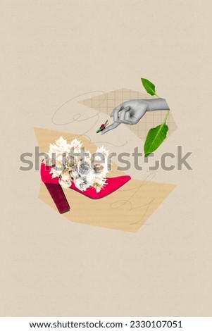 Collage artwork graphics picture of lady arm holding putting insect shoes flowers bouquet isolated beige color background