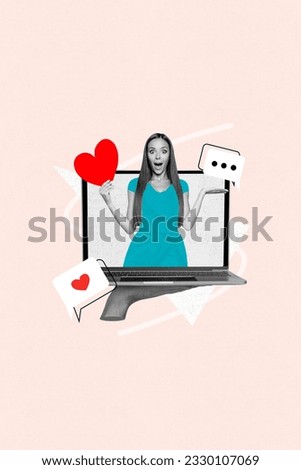 Vertical collage of black white effect arm hold netbook display impressed mini girl hold heart symbol dialogue message bubble like notification Royalty-Free Stock Photo #2330107069