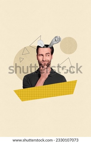 Vertical collage picture of thoughtful businessman brainstorming mind head caricature decide lightbulb invent isolated on beige background