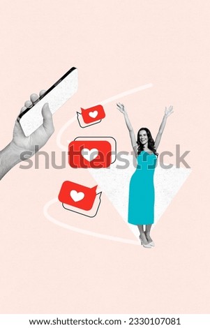 Exclusive picture collage image of funny carefree lady enjoying social media popularity isolated creative background