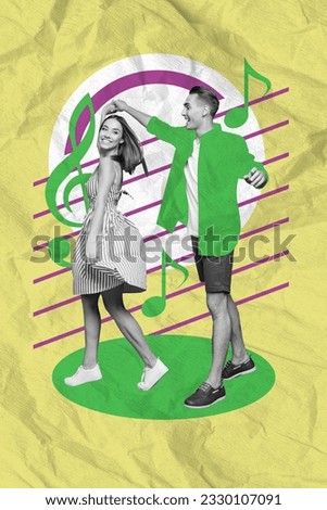 Picture poster image collage of cheerful happy people have fun dancing together isolated on painted background
