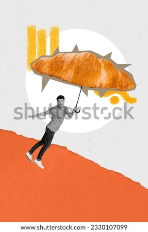 Vertical collage design 3d picture of funny flying parasol look like abstract french bakery croissant isolated on grey color background
