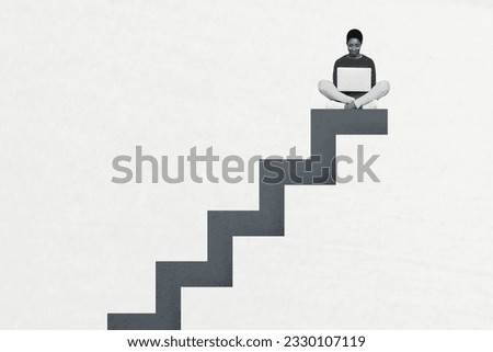 Photo sketch collage picture of successful lady guy sitting ladder top working modern gadget isolated white color background