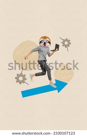 Creative artwork collage of head absurd sloth mask disguise running netbook arrow progress it specialist theme isolated on beige background