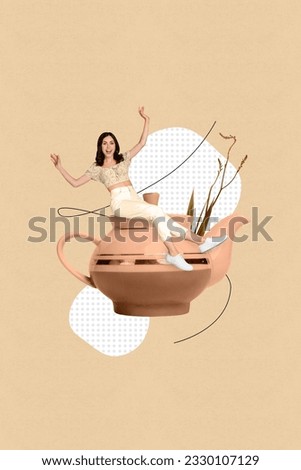 Vertical collage picture of overjoyed positive mini girl sit huge tea pot herbal plant isolated on creative beige background