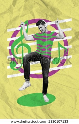 Vertical artwork poster collage picture of overjoyed glad guy listen rock hit soundtrack isolated on painted background