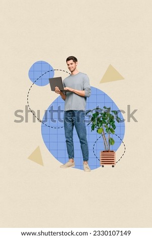 Vertical collage image of positive intelligent guy hold use netbook networking houseplant isolated on drawing creative background