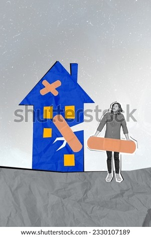 Vertical collage picture of black white colors clueless guy hold big medical patch fix broken damaged house isolated on grey background