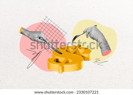 Collage picture of two black white colors arms hold knife fork cut eat big dollar money symbol isolated on painted background