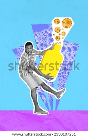 Image artwork picture pop collage of overjoyed guy celebrate birtday hold huge bottle delicious beer isolated on bright painted background