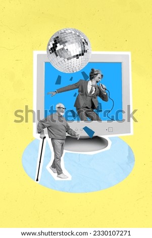 Collage sketch picture of two people retired elderly man grandfather step walk performance listen popular singer on tv set display