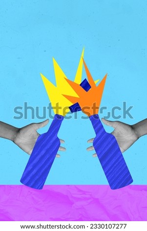 Artwork poster picture collage of two hands hold bottles alco beverage celebrating new year festive event isolated on painted background