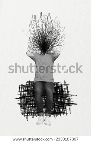 Vertical metaphor composite photo collage of headless man doodles instead of head have mental problems isolated on white color background