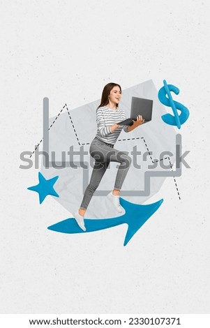 Composite collage photo of trader emoney young businesswoman running graphic progress her profit isolated on white color background