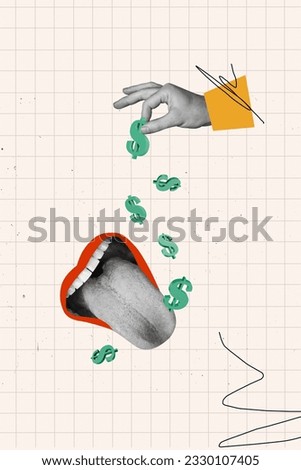 Vertical collage image of black white effect big mouth eat tongue catch arm fingers hold throw dollar money symbol isolated on checkered background