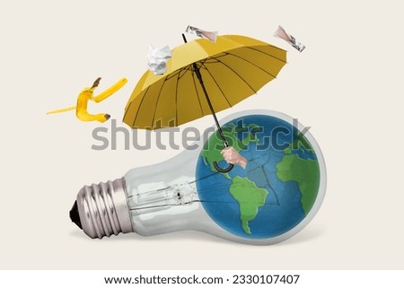 Poster banner creative collage of globe inside light bulb innovative decision for ecology protection from garbage Royalty-Free Stock Photo #2330107407
