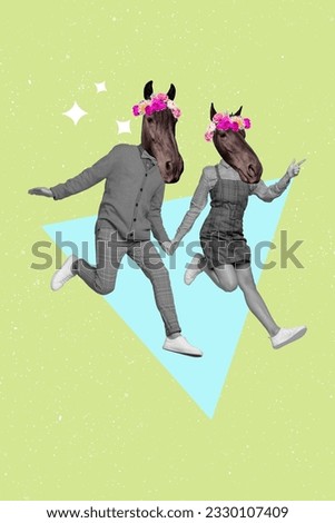 Magazine strange template collage of two people with pony face running showing pet shopping sales for horse sport care