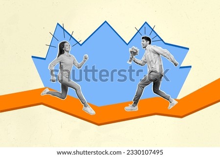 3d retro artwork template collage of excited funny couple running first date isolated painting background