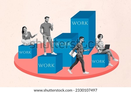 Abstract template graphics collage of busy people working together creating start up isolated pastel colors background