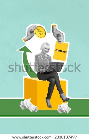 Photo collage artwork of senior lady getting remote work contract isolated turquoise color background