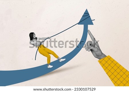 Collage picture of big black white colors arm point finger mini hardworking girl pull string arrow upwards isolated on creative background