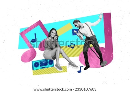 Photo collage artwork minimal picture of smiling lady listening singer boom box music isolated creative background